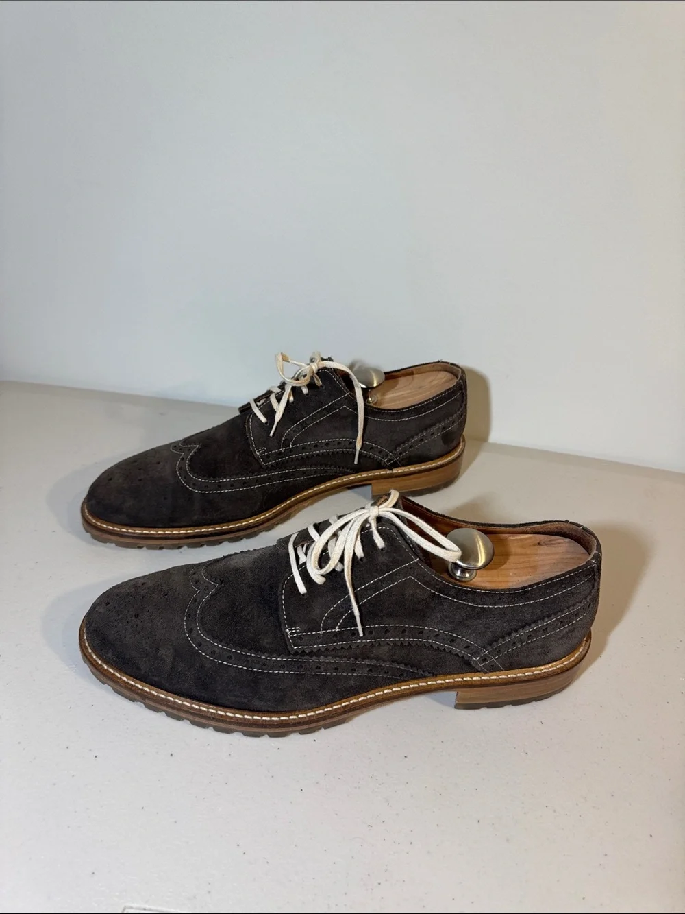 Johnston & Murphy Brown Suede Wingtip Oxfords with White Laces